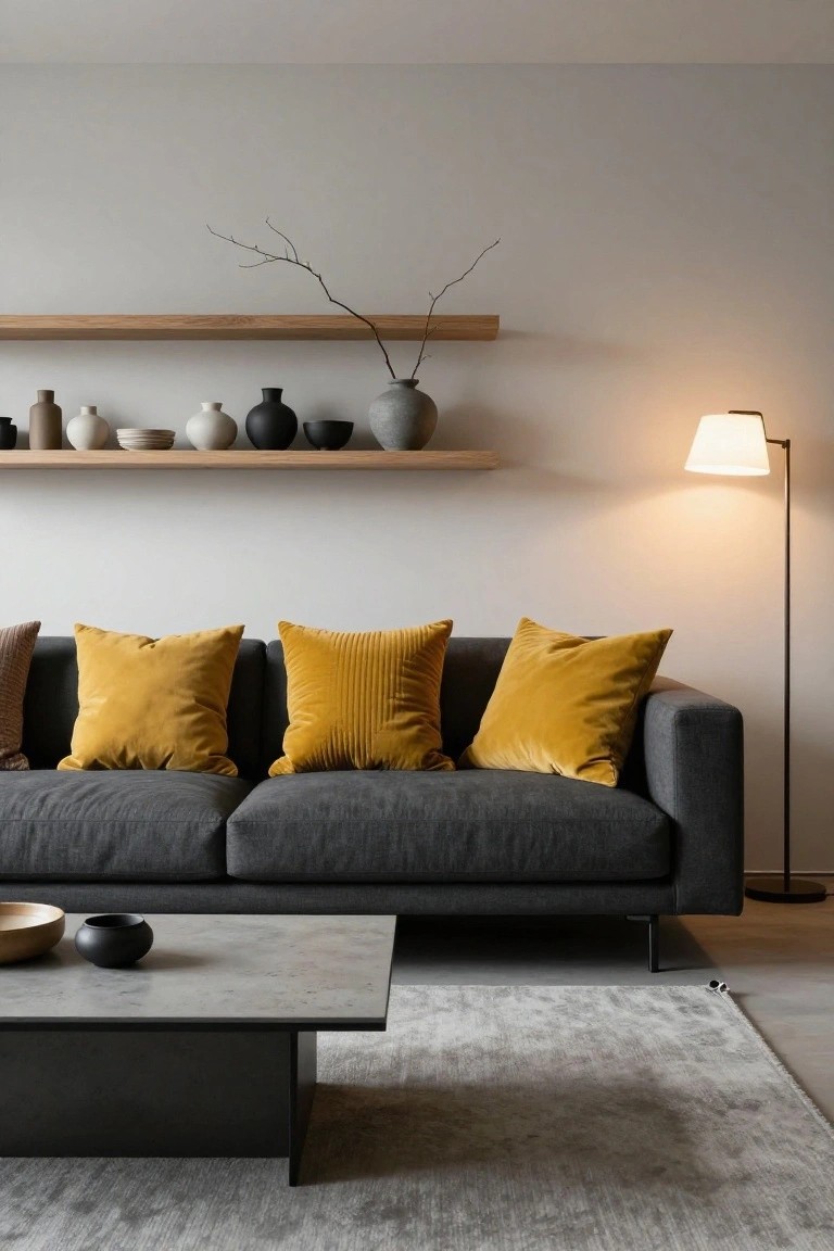 Modern living room with dark gray sofa piled with yellow velvet pillows, oak floating shelves holding ceramic pots and vases above, low rectangular coffee table with bowls, floor lamp, and light gray rug on wood floor.