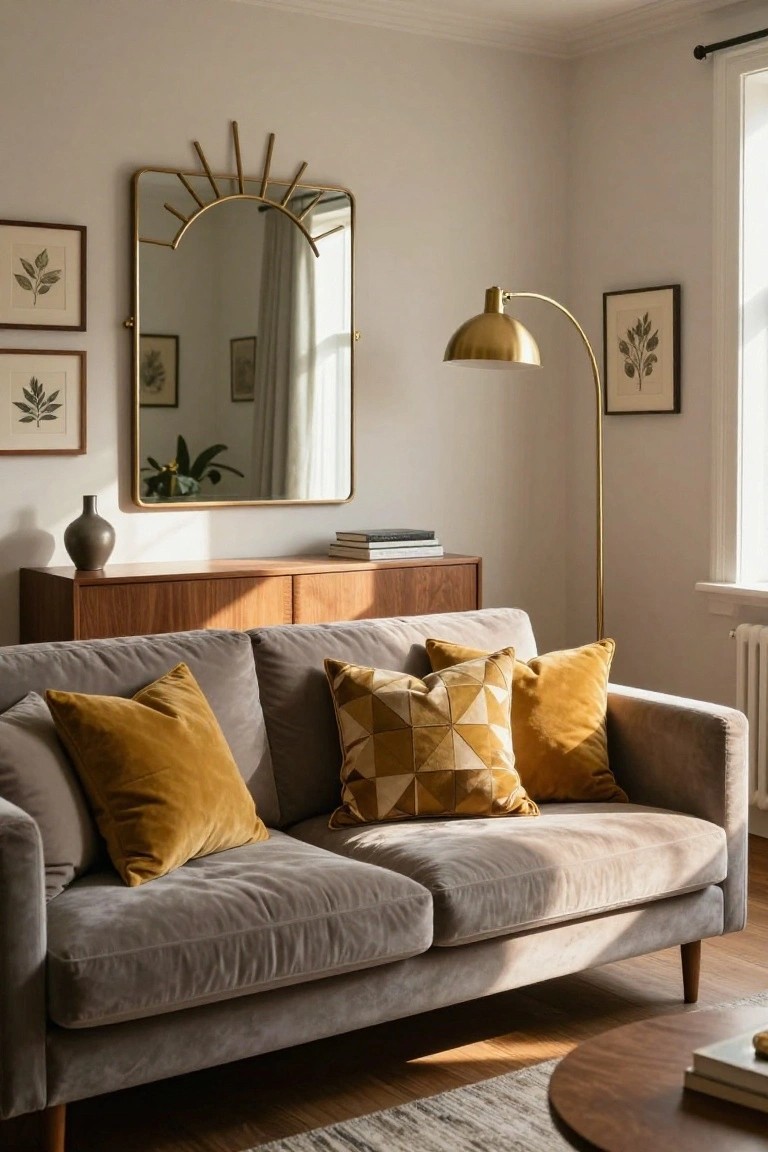 Gray velvet sofa with mustard yellow velvet pillows including geometric patterned ones, next to wooden credenza, gold arc lamp, sunburst mirror, and round wood coffee table in beige room.