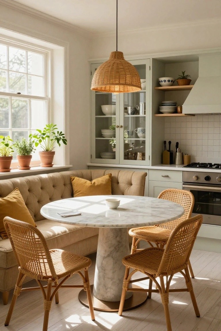 Sunlit kitchen nook with beige tufted banquette sofa topped by yellow pillows, round white marble pedestal table, rattan chairs, sage green cabinets with glass doors, white subway tile backsplash, and potted plants on windowsill.