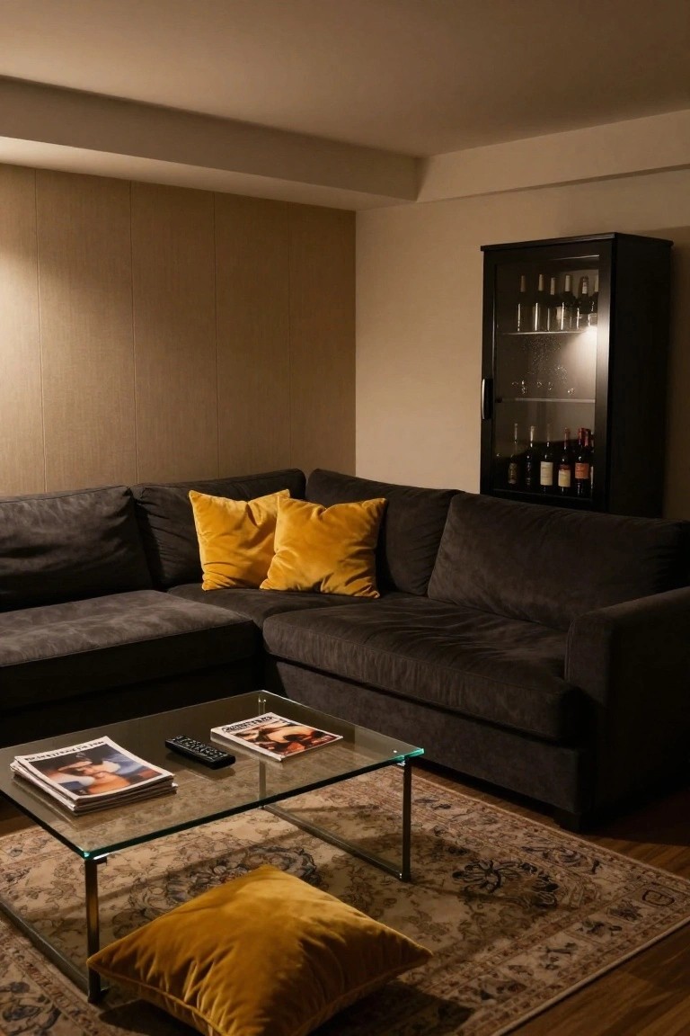 Dimly lit living room corner with dark gray L-shaped sofa topped by yellow velvet pillows, glass coffee table holding stacked magazines and TV remote, patterned rug on wood floor, beige wall panels, and tall black liquor cabinet with glass doors and bottles.