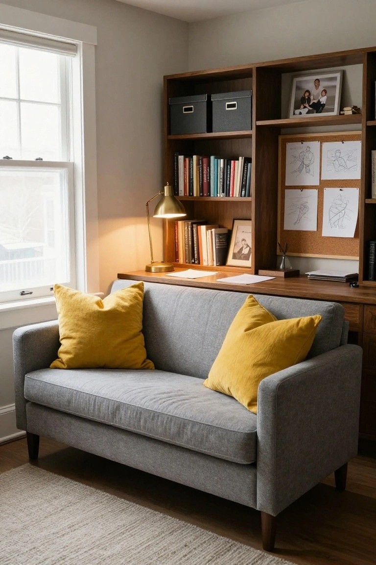 Gray two-seater sofa with two mustard yellow pillows sits in front of a wooden desk, bookshelves, and a window in a light gray room.