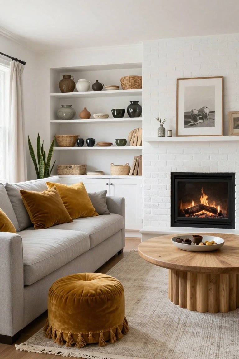 Light gray sofa with multiple mustard yellow velvet pillows in a living room featuring white brick fireplace, built-in shelves with pottery, wooden coffee table, and neutral rug.