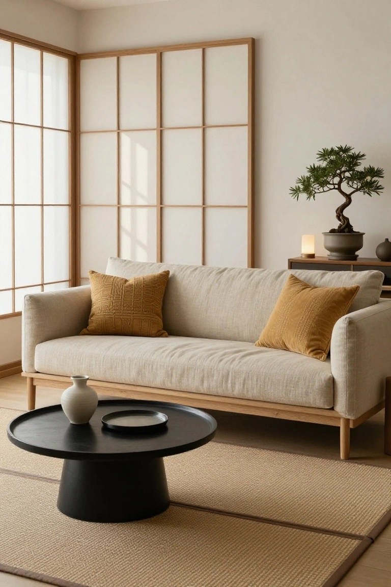 Cream fabric sofa with two mustard yellow textured pillows and wooden legs, facing a black tray coffee table with white vase in a minimalist room with shoji screens, bonsai tree, and seagrass rug.