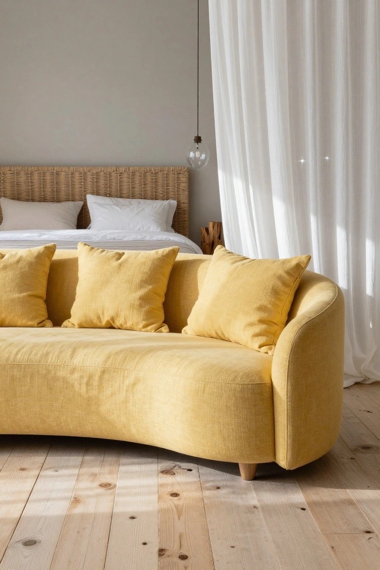 Curved mustard yellow sofa piled with yellow pillows positioned in a bedroom with rattan headboard bed, white bedding, sheer white curtains, hanging glass light fixture, and light wood floors.