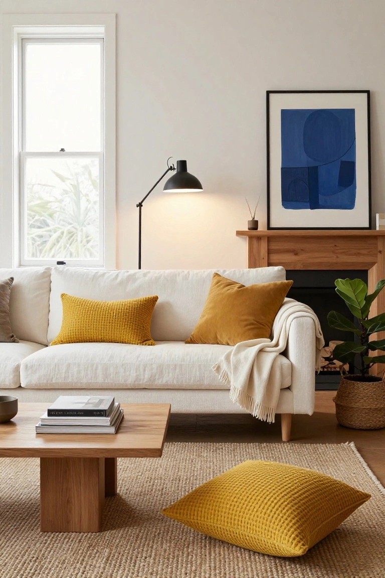 A white linen sofa with multiple yellow textured pillows, a wooden coffee table stacked with books, yellow floor pillow, seagrass rug, and fireplace in a light-colored living room.