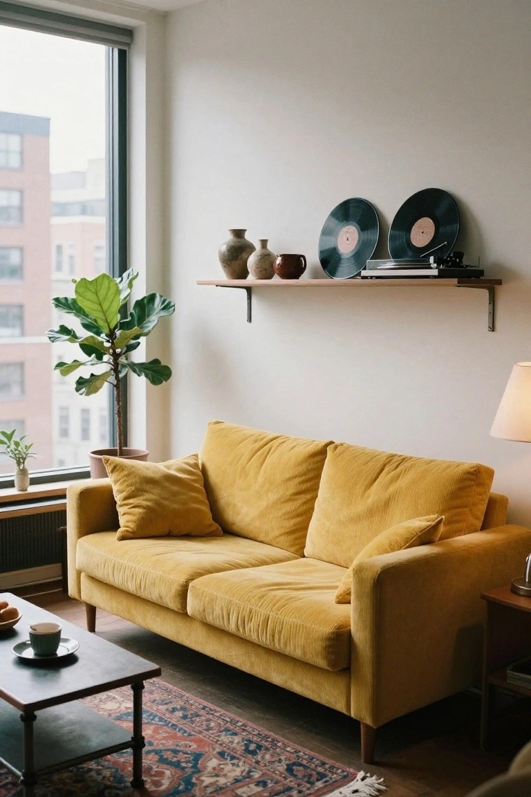 Living room with mustard yellow corduroy sofa topped by yellow pillows, fiddle leaf fig plant in corner, wooden shelves holding records and pottery above, low wooden coffee table with teacup, large window overlooking brick buildings.