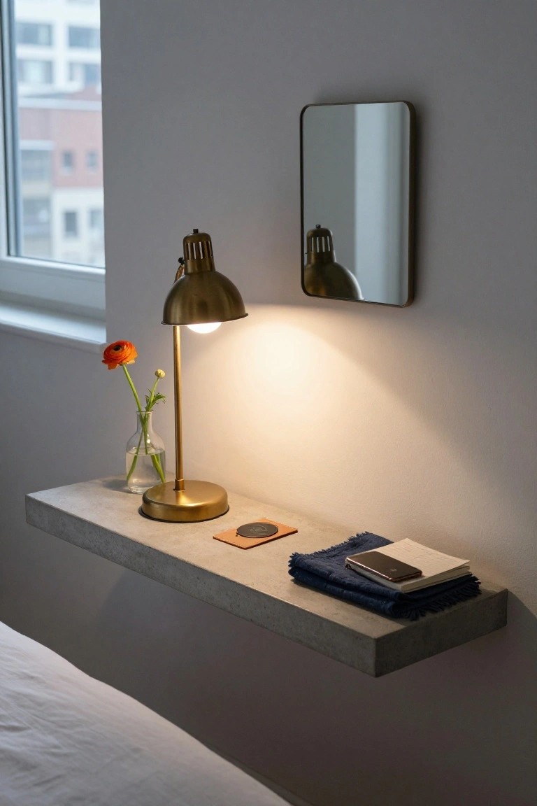 A floating concrete shelf on a bedroom wall holds a lit brass lamp, a glass vase with flowers, and a few small items.