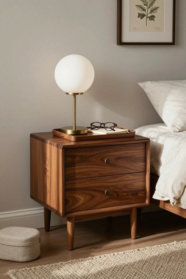Walnut nightstand with globe lamp, glasses, and open drawer in bedroom.