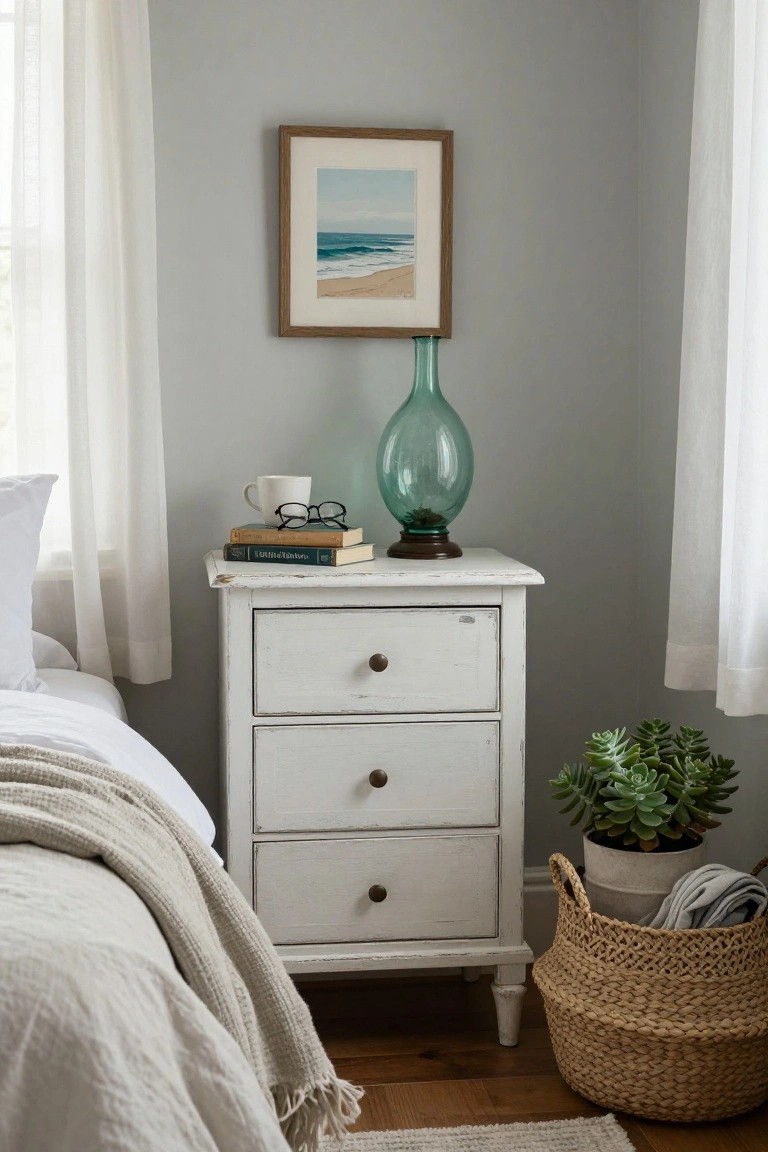 A white distressed three-drawer nightstand topped with books, glasses, a cup, and a large teal glass vase, with a framed beach print hanging above it.