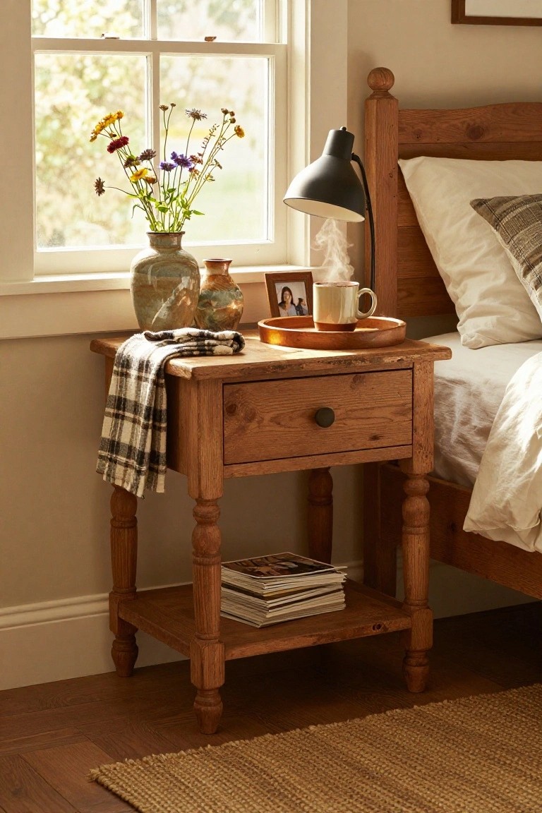 Rustic wooden nightstand with flowers, lamp, and tray beside bed.
