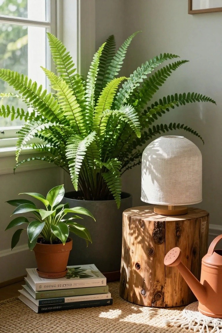 A wooden tree stump used as a side table holds a fabric lamp beside large potted ferns and a stack of books on the floor near a window.