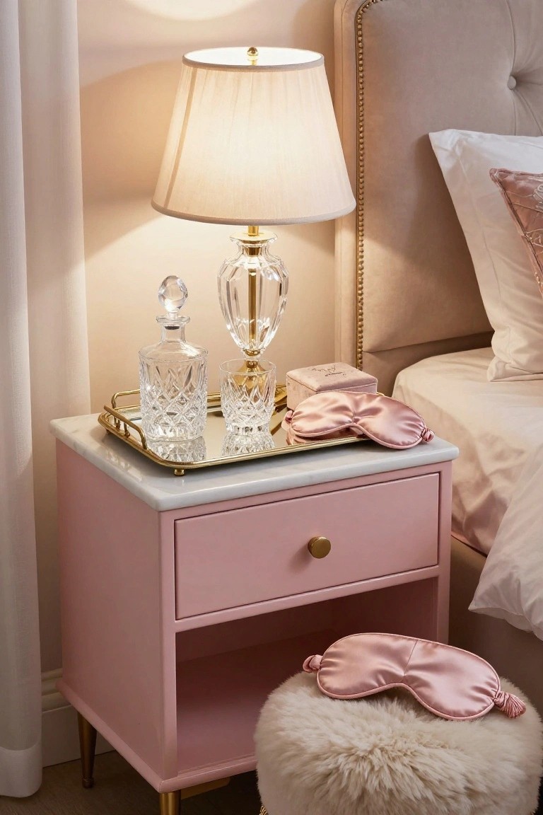 Pink nightstand with crystal lamp, decanter, and satin sleep masks.