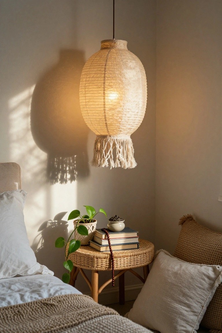 A round woven rattan bedside table sits under a hanging paper lantern, topped with stacked books and a small potted plant.