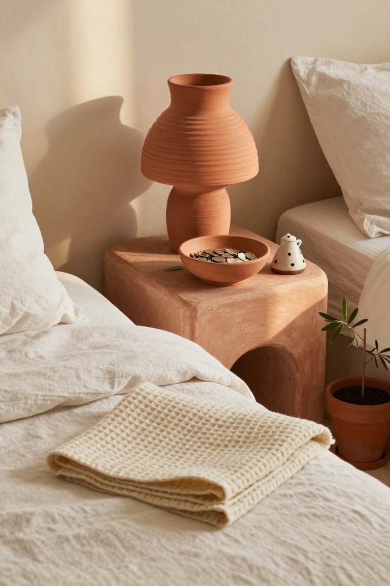A sculptural terracotta bedside table with an arched base sits next to a bed dressed in white linens, holding a matching terracotta lamp and a small bowl.