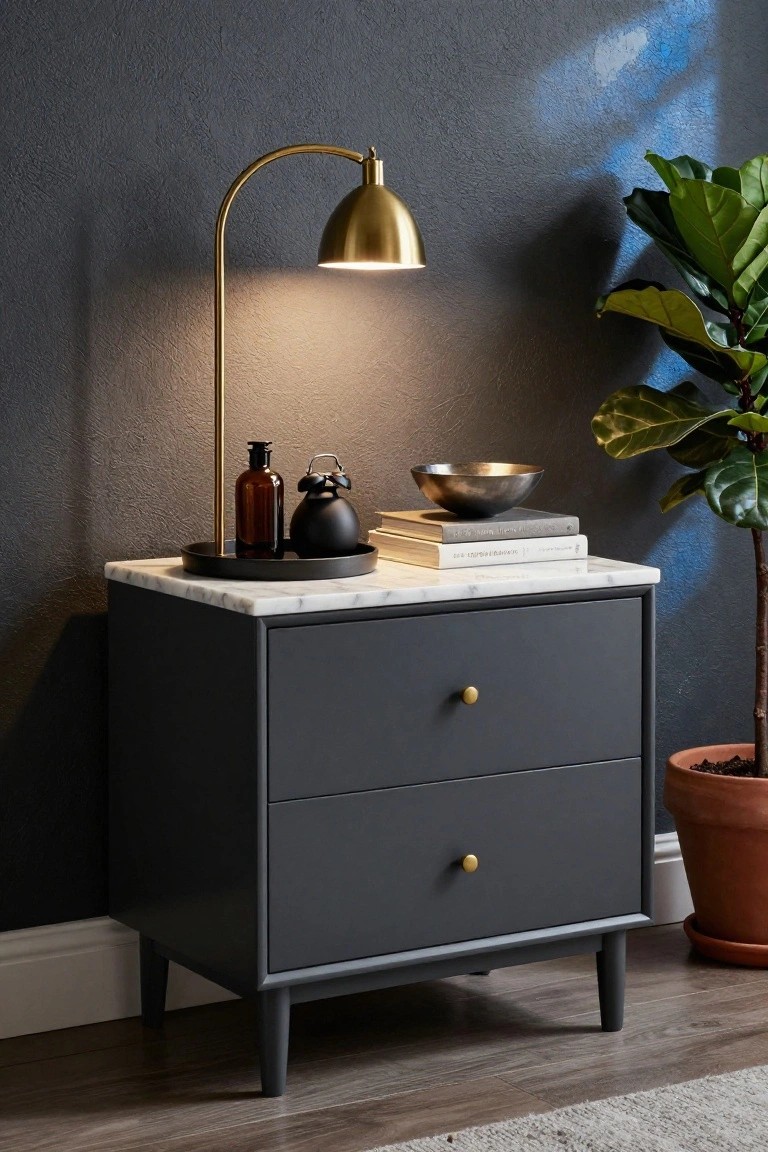 Modern dark gray nightstand with marble top, brass lamp, and decor.