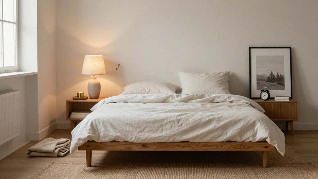 A wooden low bedside table with ribbed doors sits next to a bed with white linens, holding a lit table lamp, a small tray with a candle, books, and a vase with dried stems.