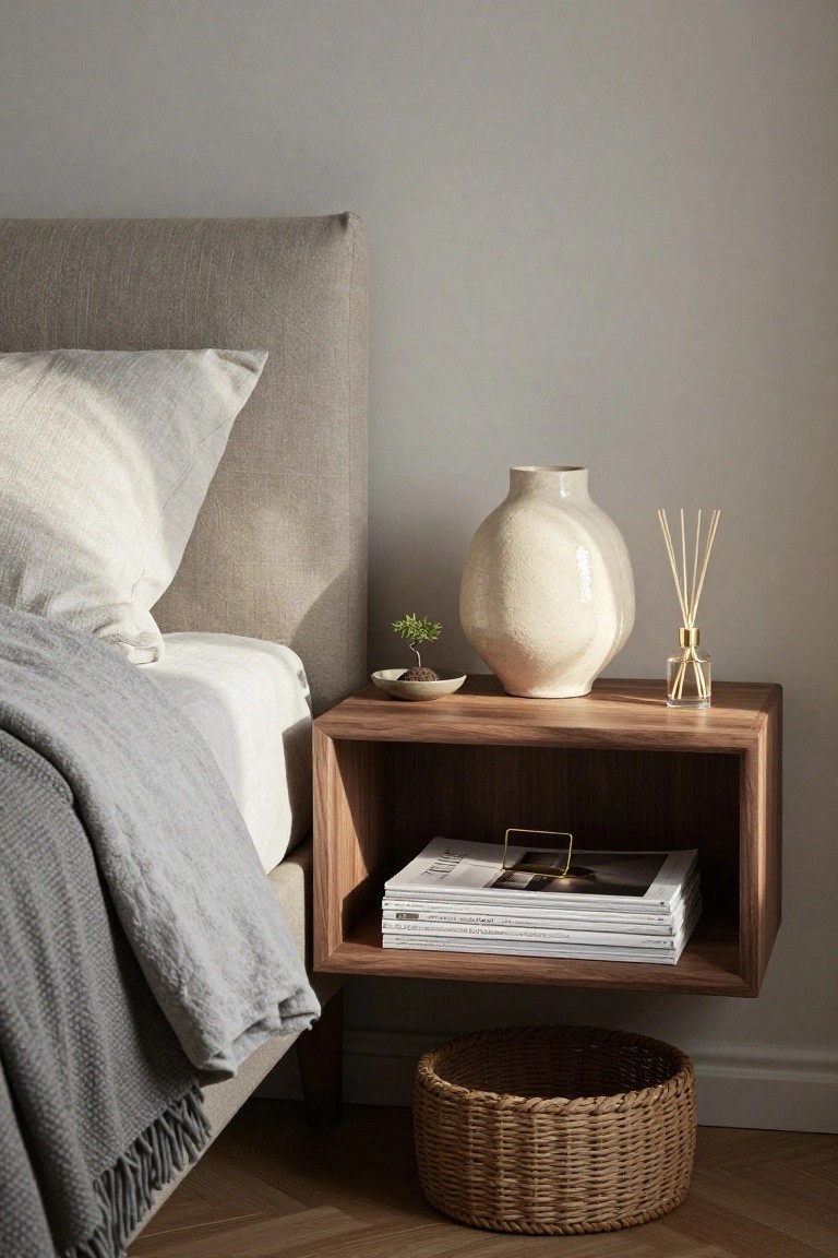 Minimalist bedroom corner with wooden nightstand, vase, and woven basket.