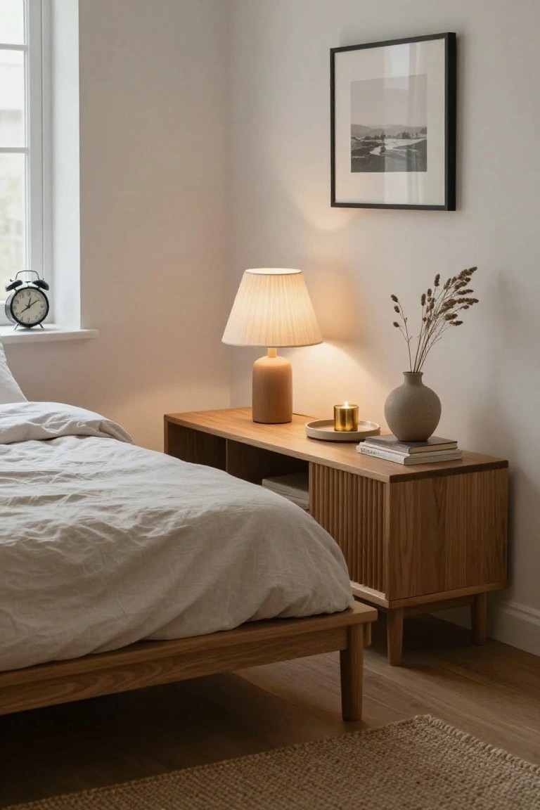 A wooden low bedside table with ribbed doors sits next to a bed with white linens, holding a lit table lamp, a small tray with a candle, books, and a vase with dried stems.