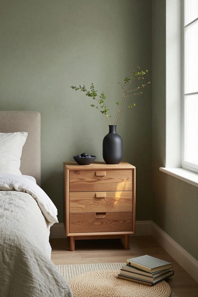 A low wooden nightstand with three drawers sits beside a bed, topped with a black vase holding branches and a small bowl.
