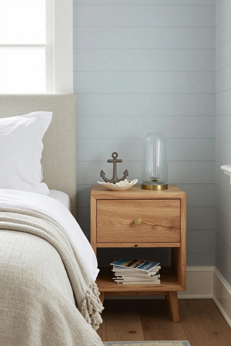 A light wood bedside table with one drawer and an open lower shelf holding a stack of books, placed next to a bed with white linens and a beige throw.