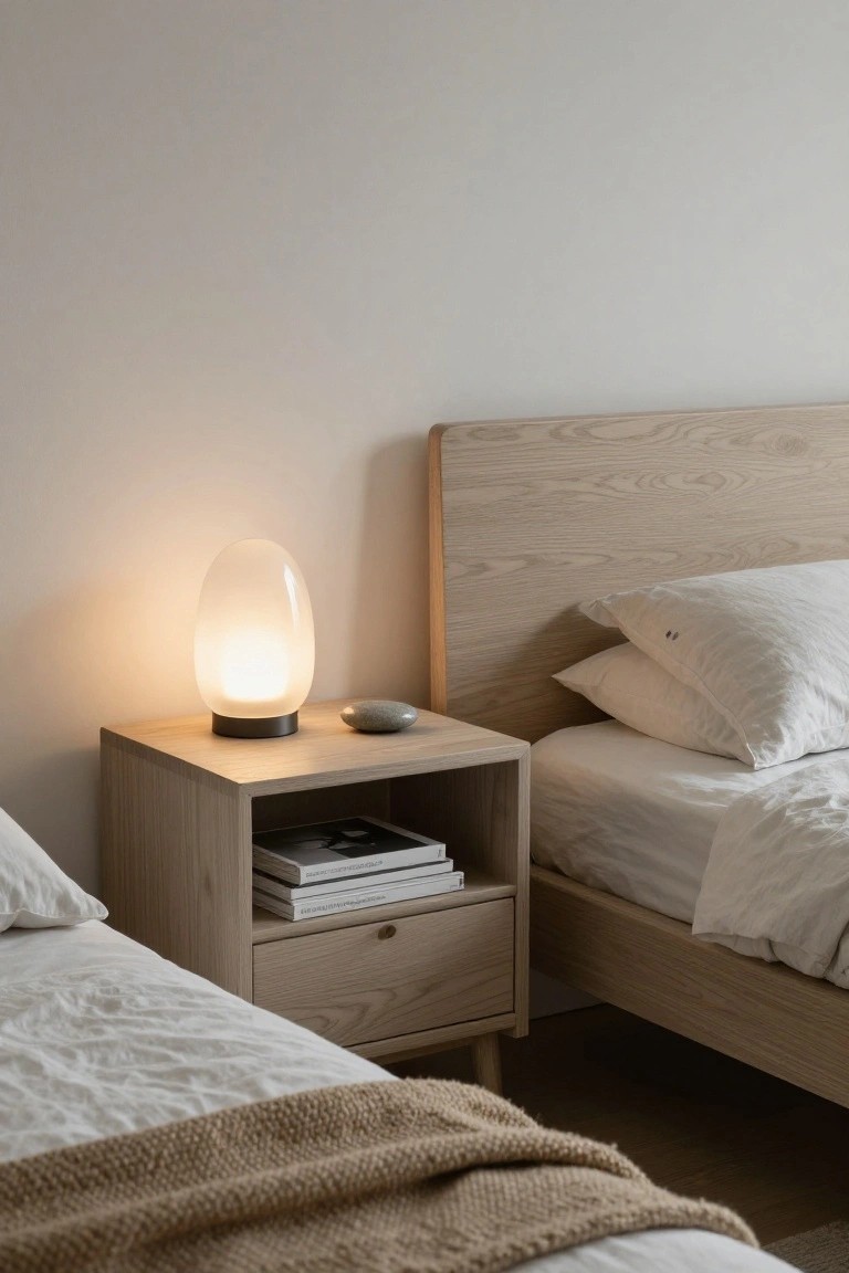 A light wood bedside table with an open shelf holding stacked books and a glowing oval lamp sits next to a bed with white bedding and a wooden headboard.