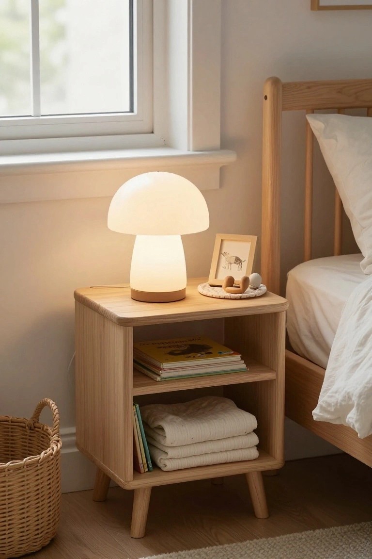 A light wood bedside table with open shelves holding books and folded linens, topped by a lit mushroom lamp, next to a wooden bed.