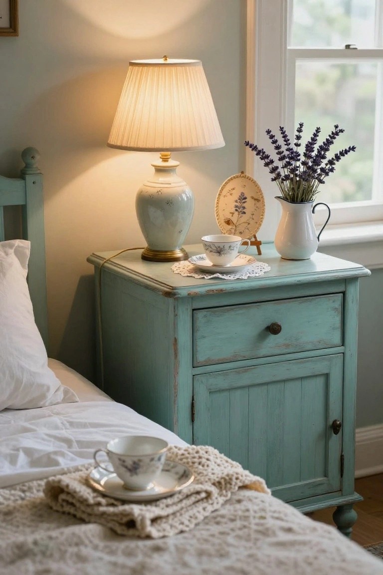 A distressed turquoise wooden nightstand with a lit table lamp, teacup, and white pitcher of lavender next to a bed.