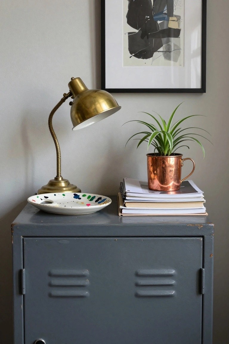 A gray metal cabinet topped with a brass lamp, a copper mug holding a plant, and a stack of books.