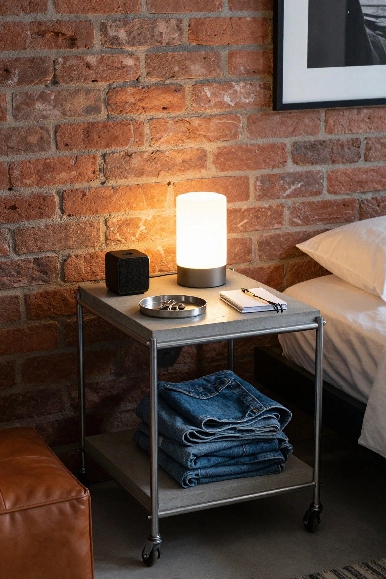 A bedside cart with a glowing lamp, jeans, and notebook by a brick wall.