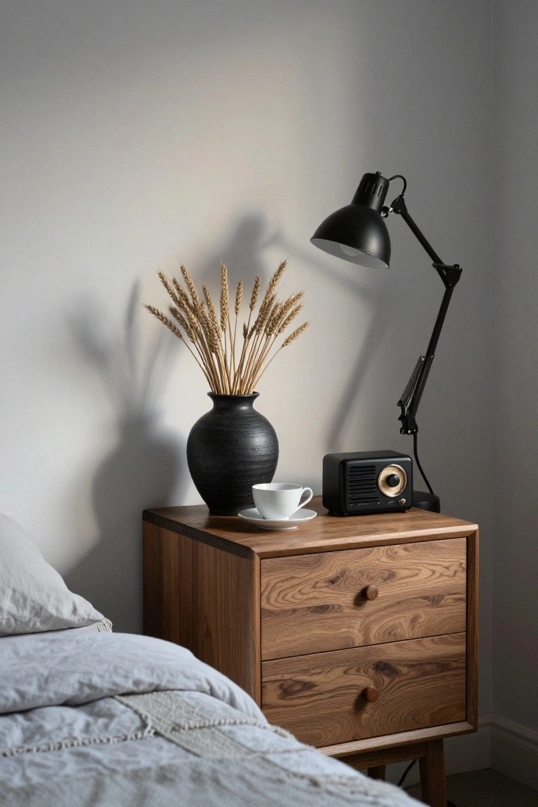 Wooden nightstand with vase of wheat, lamp, radio, and teacup.