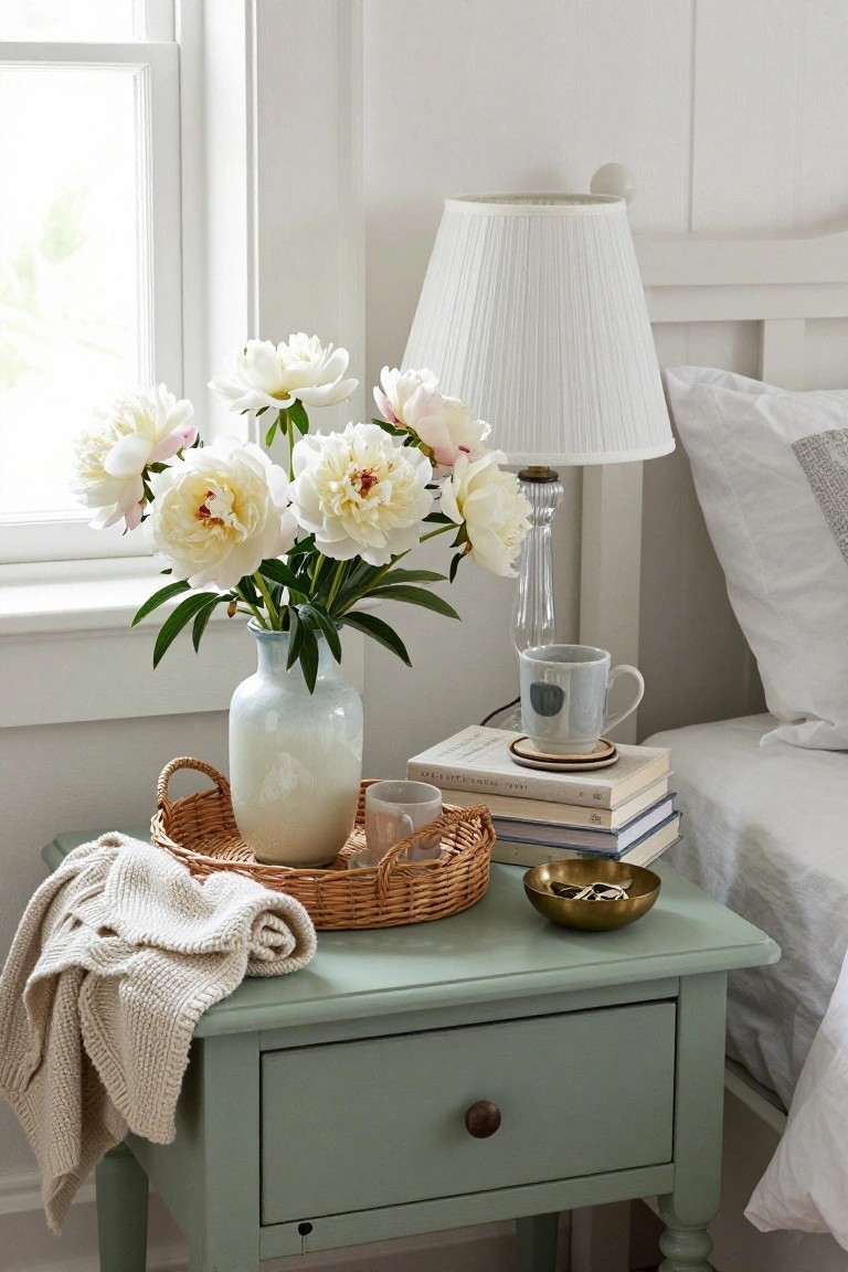 A sage green bedside table with a woven tray holding a vase of white flowers, a mug, stacked books, and a small brass bowl, next to a bed with white pillows and a window.