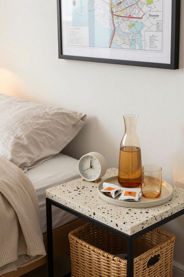 A bedside table with a speckled top holds a round tray with a glass carafe, drinking glass, and tea packets next to a small white clock, with a woven basket stored below.
