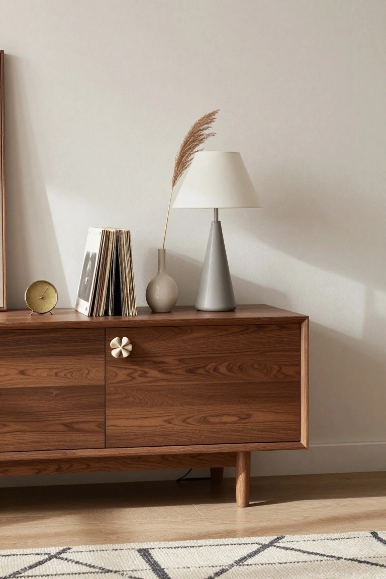 Mid-century wooden sideboard with lamp, vase, and books.