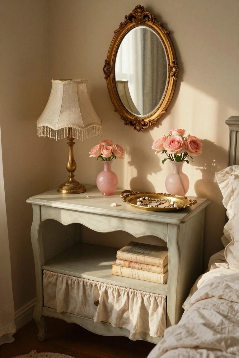 A light distressed bedside table with a ruffled fabric skirt holds a lamp, two pink rose vases, and a gold tray beside a bed.