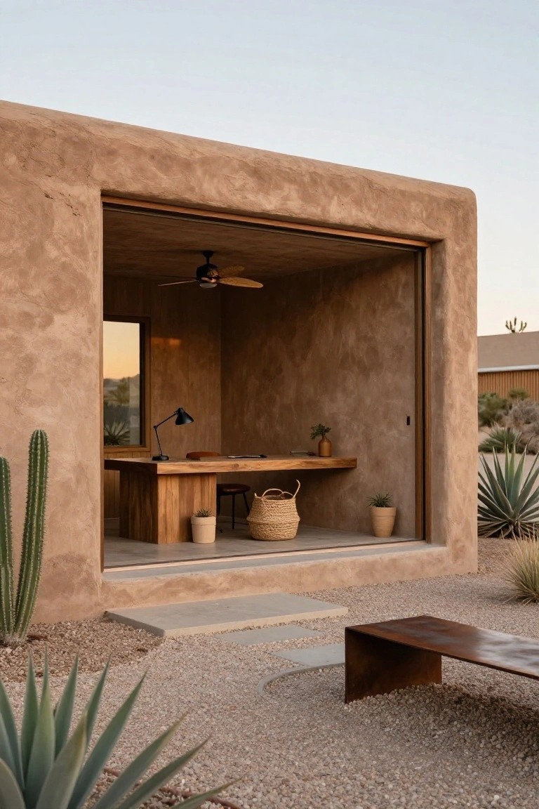 Exterior of a small adobe-style office pod with textured tan walls and large open wooden-framed doorway revealing wooden desk, chair, lamp, plants, and ceiling fan inside, surrounded by cacti, agave plants, gravel ground, and metal bench.