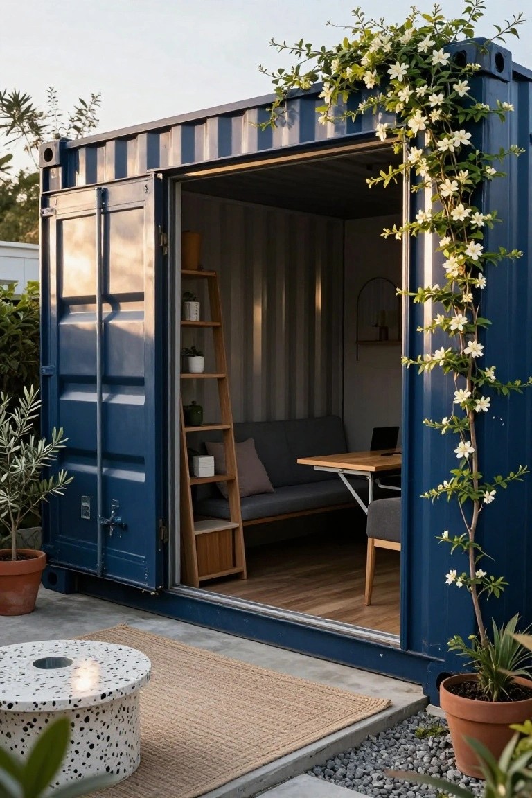 Blue shipping container backyard office pod with open door showing interior wooden shelves, sofa, desk, and plants, white-flowering vines climbing one side, potted plants and gravel patio outside.