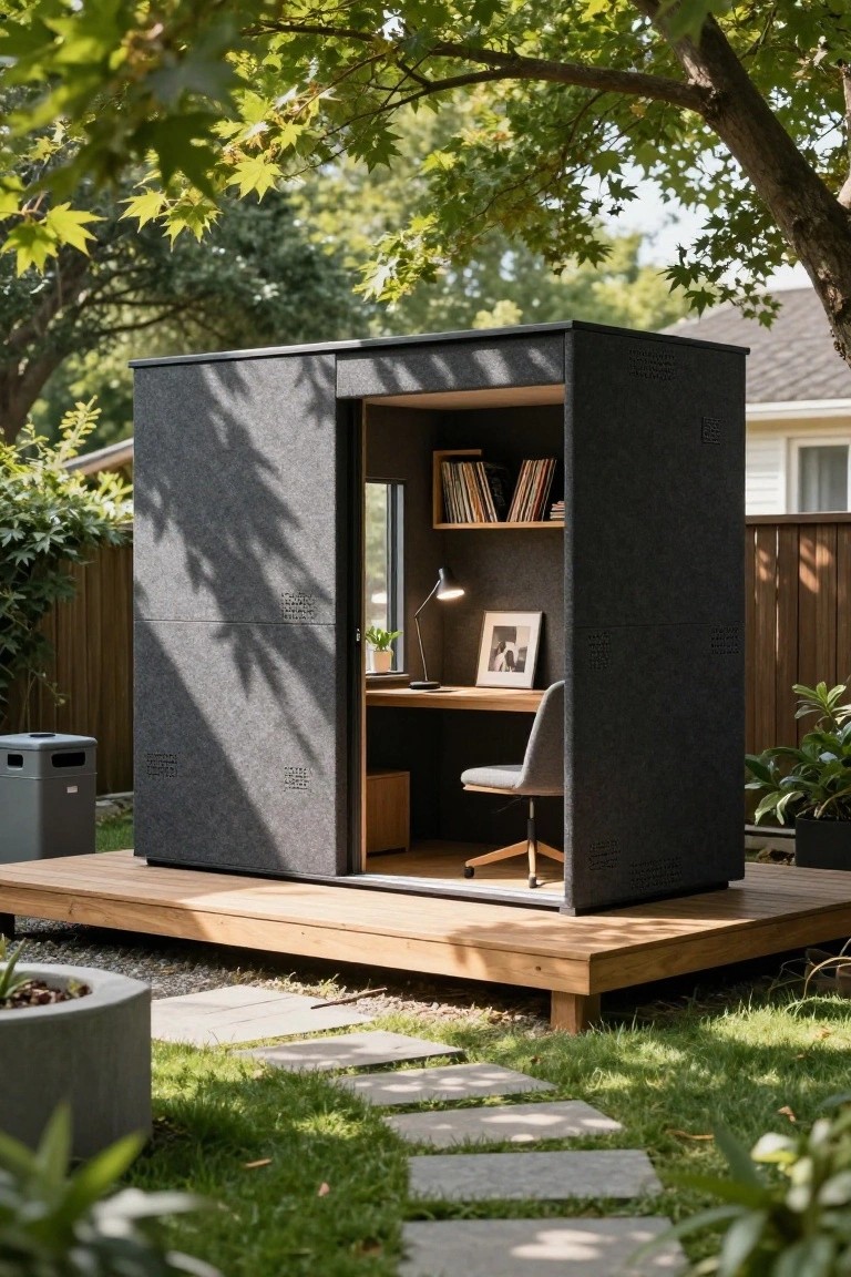 Gray felt-covered backyard office pod with open door revealing wooden desk, chair, lamp, and bookshelves inside, elevated on a wooden deck surrounded by garden plants, trees, and grass.