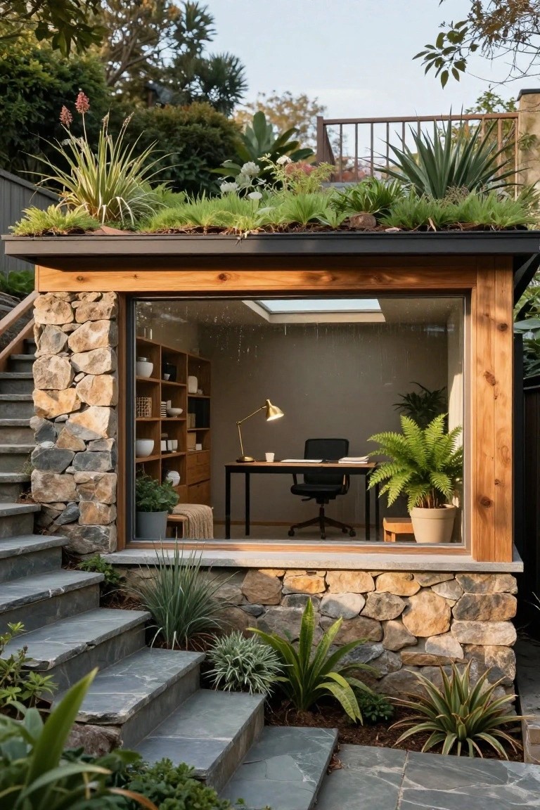 Small backyard office pod with wooden frame, stone base, living green roof covered in succulents and grasses, large glass window revealing interior desk chair shelves and plants, stone steps leading up surrounded by garden plants.