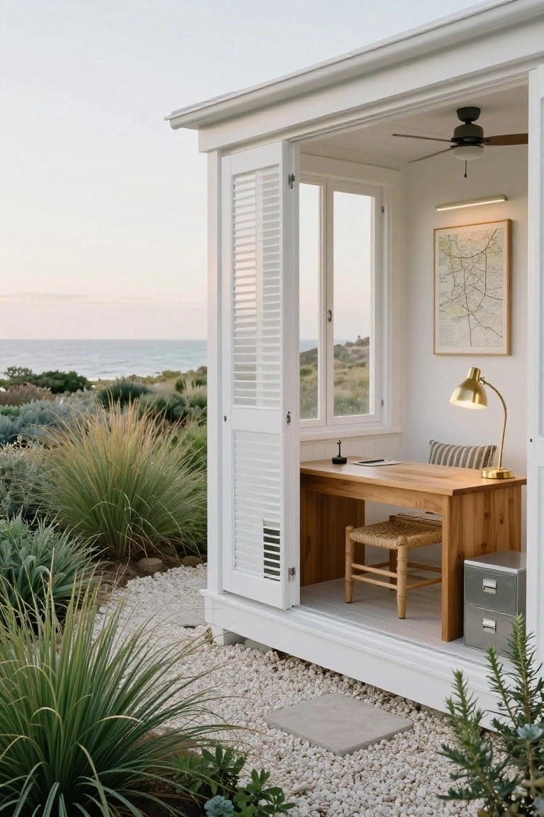 Small white wooden backyard office pod with open louvered shutters revealing a wooden desk, rattan chair, brass lamp, and map on the wall inside, surrounded by gravel ground cover, native grasses, and succulents, overlooking the ocean at dusk.