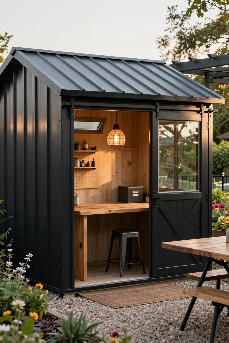 Black corrugated metal backyard office pod with open door revealing wooden desk, metal stool, shelves, and pendant light inside, surrounded by gravel, plants, flowers, and a wooden picnic table.
