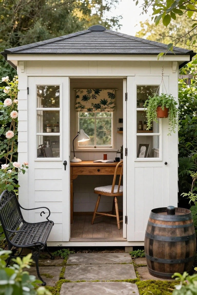 Small white wooden garden shed office pod with open double doors revealing wooden desk, chair, lamp, and open window inside, surrounded by pink climbing roses, hanging plants, a bench, and wooden barrel on stone path.