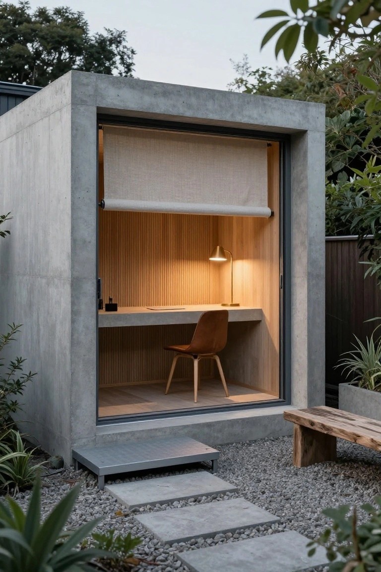 Small rectangular concrete backyard office pod with open glass sliding door revealing light wood paneled interior, desk, chair, and desk lamp, surrounded by gravel ground cover, plants, stone steps, and wooden bench.