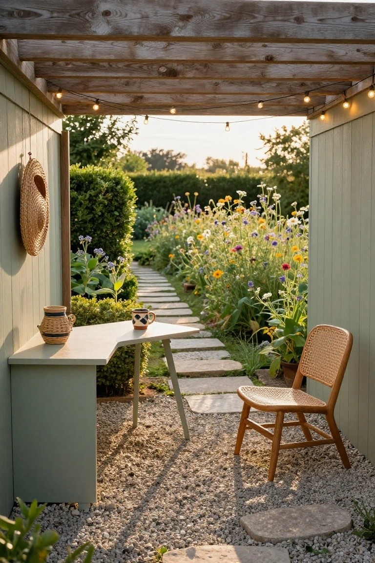 Sage green wooden garden shed office pod with light wood L-shaped desk, ceramic mug, woven basket, wicker chair, string lights under pergola roof, gravel floor, stone path leading to colorful wildflower garden.