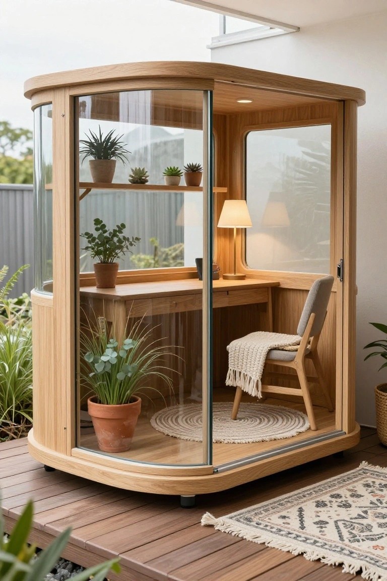 Curved wooden office pod with glass walls and sliding door, featuring a desk, chair, lamp, plants, and shelves, positioned on a wooden deck amid surrounding greenery.