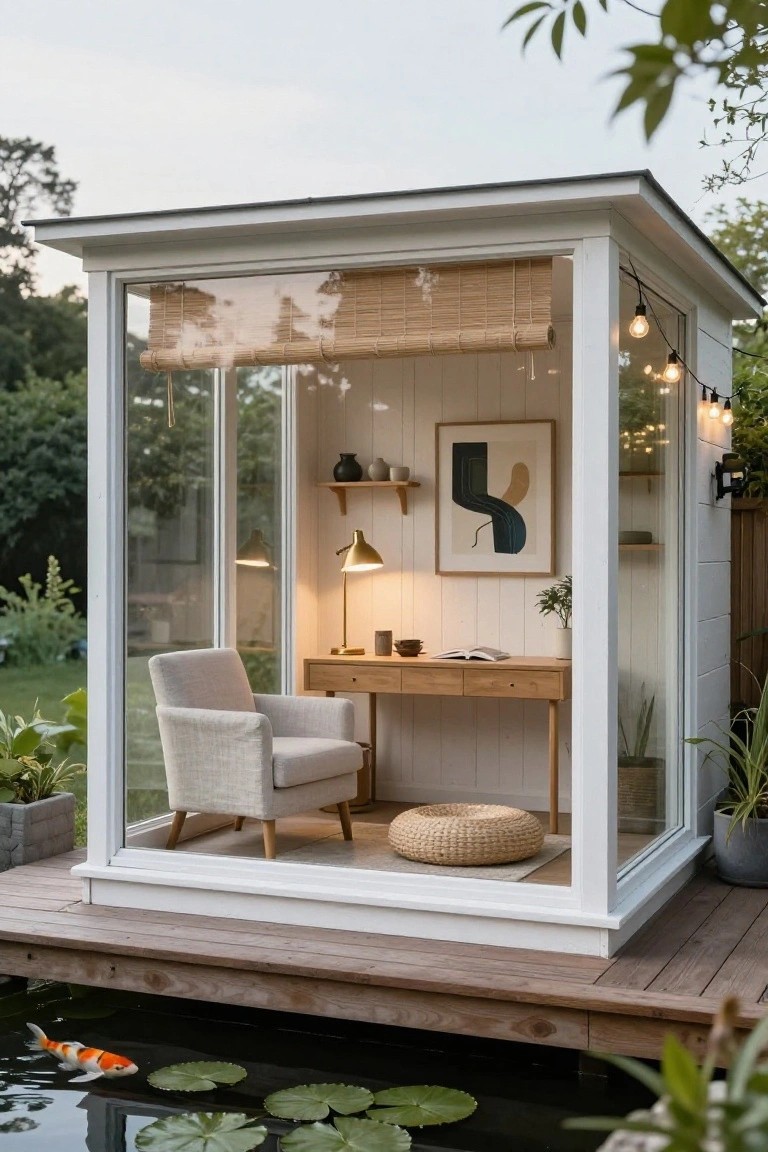 Small white wooden office pod with glass walls on a deck above a koi pond, containing a wooden desk, cream fabric armchair, gold desk lamp, abstract wall art, shelves with ceramics and plants, surrounded by garden greenery.