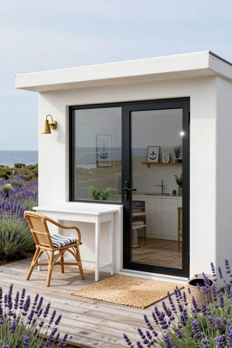 Small white rectangular backyard office pod with black-framed floor-to-ceiling glass sliding doors on a wooden deck, surrounded by lavender plants, overlooking the ocean.