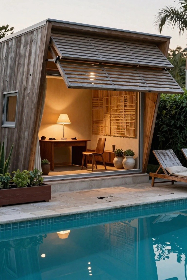 Angular wooden backyard office pod with open timber louvers revealing interior wood desk, chairs, lamp, and plants, positioned next to turquoise pool with lounge chairs on tiled deck.