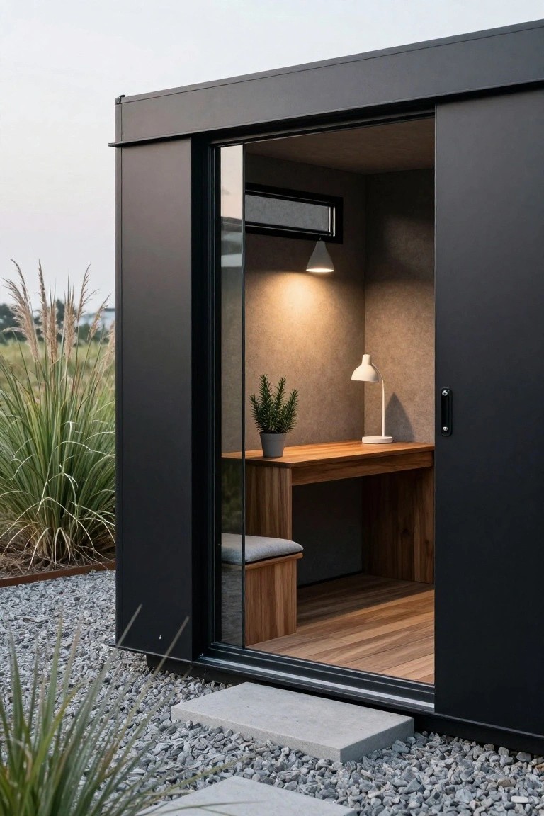 Black rectangular backyard office pod with open sliding glass door revealing wooden desk, bench, lamp, and plant inside, set on gravel amid tall grasses and pampas.