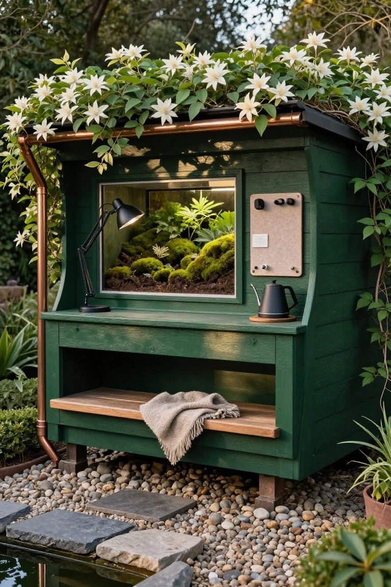 Small green wooden backyard office pod covered in white star-shaped flowering vines, with a desk inside featuring a moss-filled terrarium window, black desk lamp, kettle, and corkboard, set on gravel amid stones, plants, and a pond.