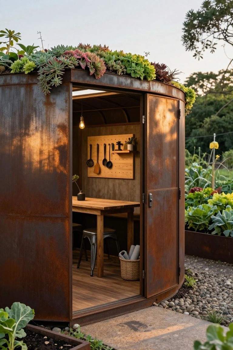 Round backyard office pod constructed from rusted corrugated metal with a green succulent roof, open double doors revealing interior wooden table, stools, pegboard wall, and garden surroundings with raised beds.